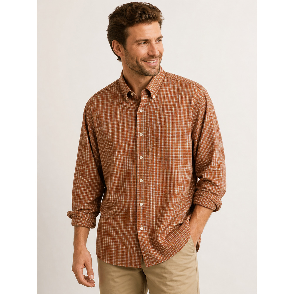 Austin Reed Mens XXL Orange Check Button Down Shirt Cotton Long Sleeve Preppy